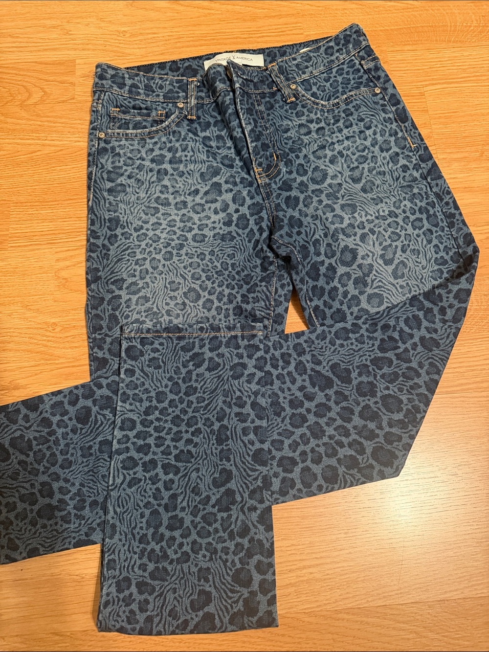 Vintage America Dark Blue Animal-Print Skinny Jeans